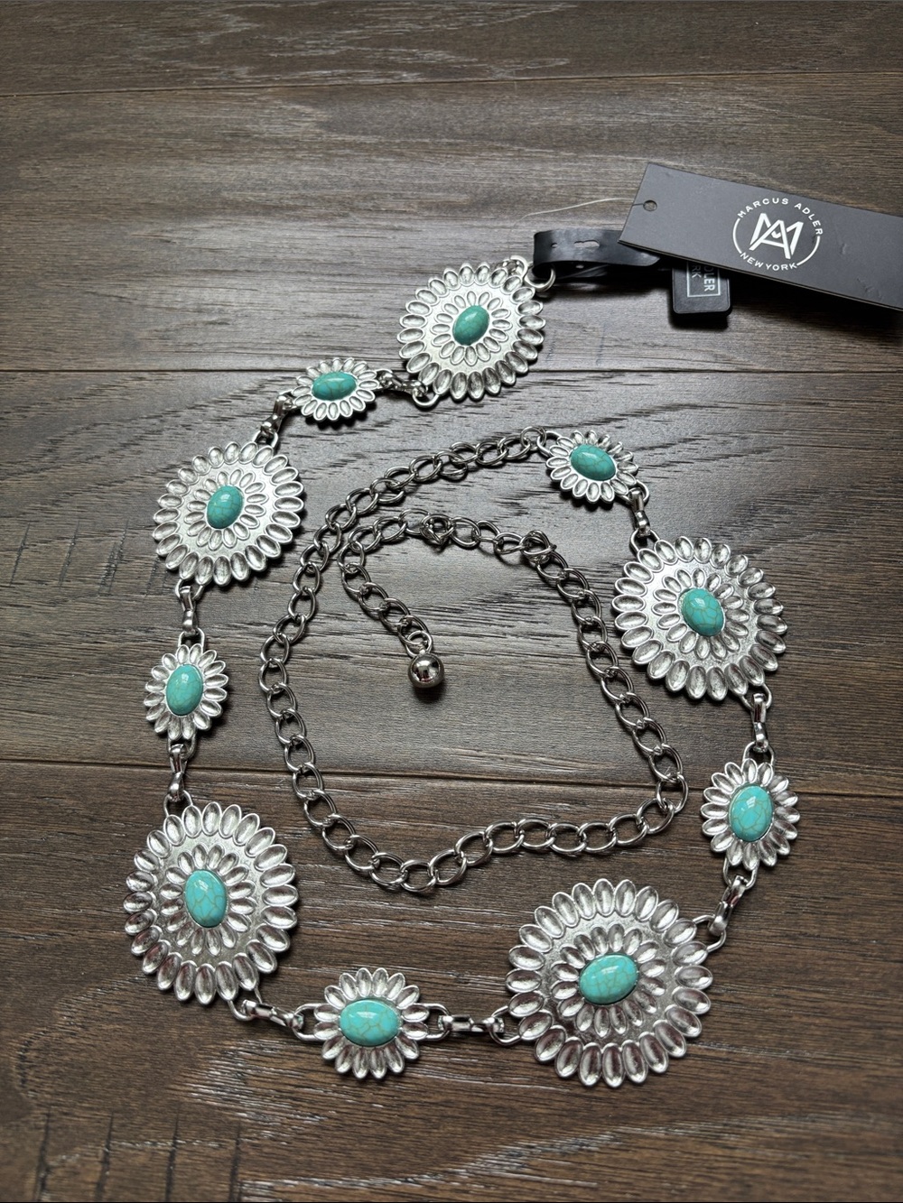 Marcus Adler metal chain belt oval turquoise stone round, Concho
